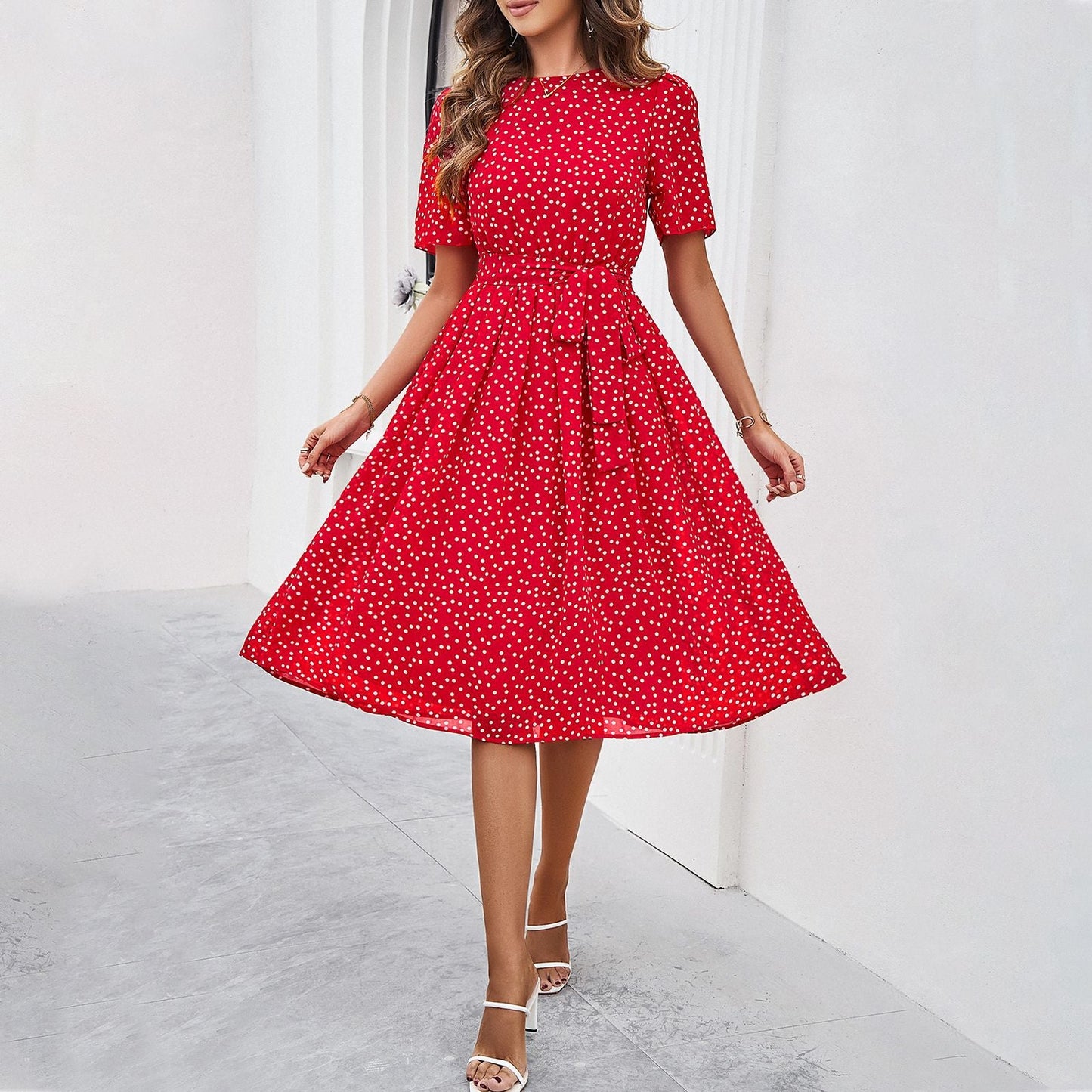 Elegant Polk Dot Short Sleeves Dresses-Dresses-Wine Red-S-Free Shipping Leatheretro