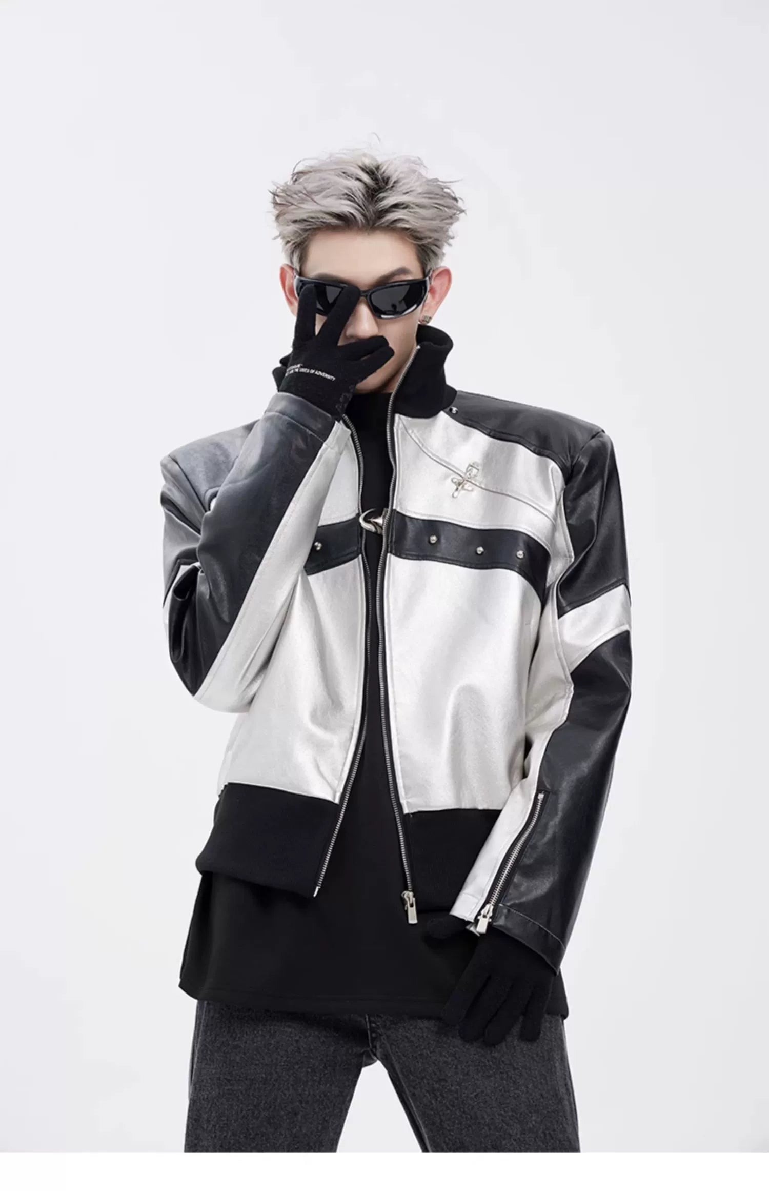 STARTEXCEEDEND Men's Short Biker Leather Jacke-Black White-M 45-60kg-Free Shipping Leatheretro