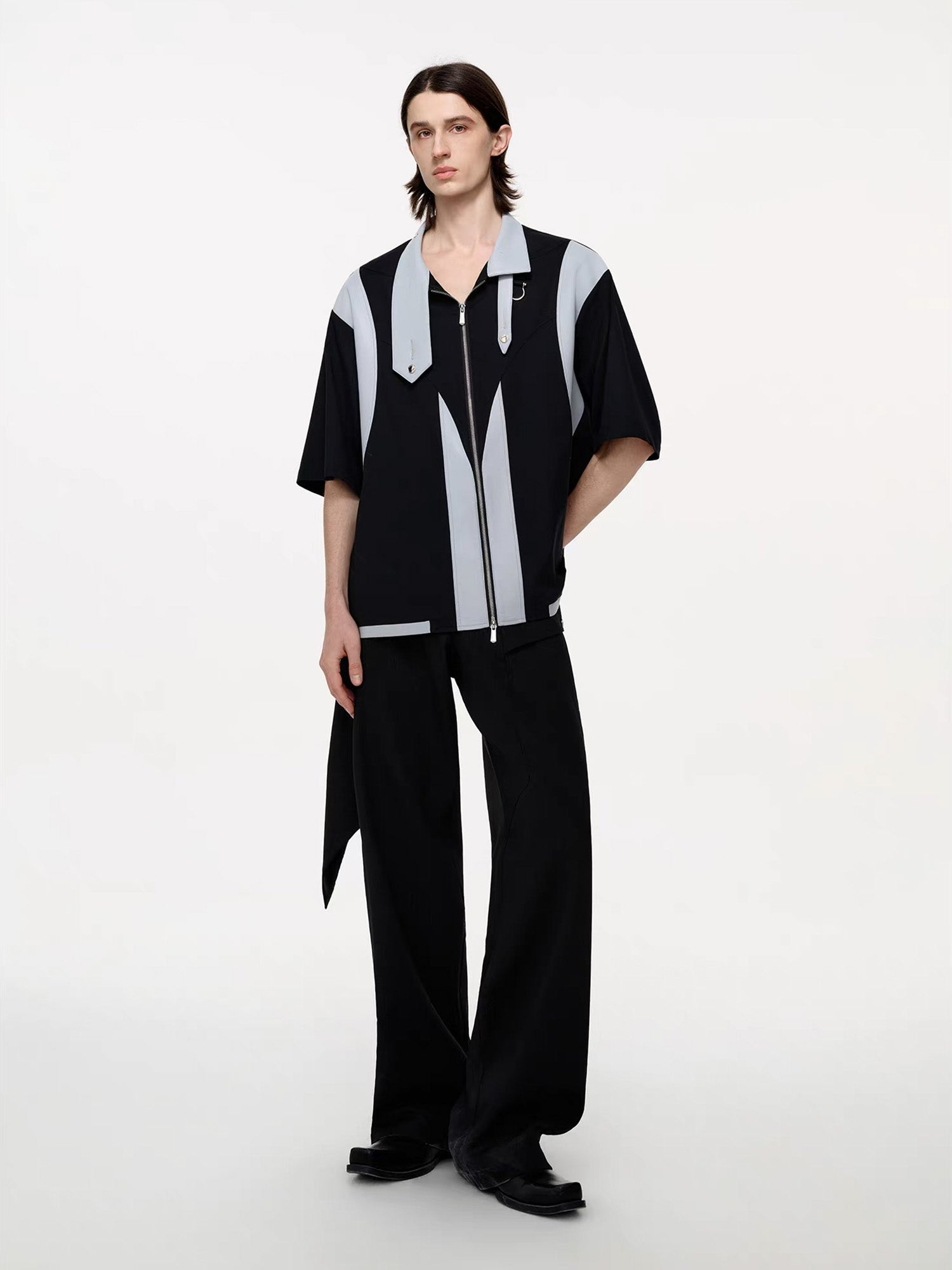 TIWILLTANG Layered-Collar Contrast-Panel Zip-Up Half Shirt-Shorts-S-Free Shipping Leatheretro