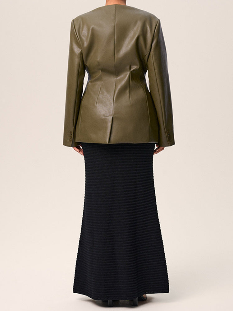 Fashionable Green V-Neck Slim-Fit Faux Leather Blazer-green-S-Free Shipping Leatheretro