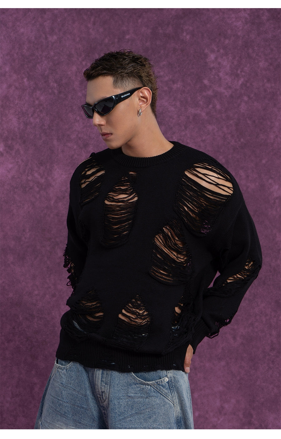 CLP Unisex Distressed Knit Sweater-Black-S-Free Shipping Leatheretro