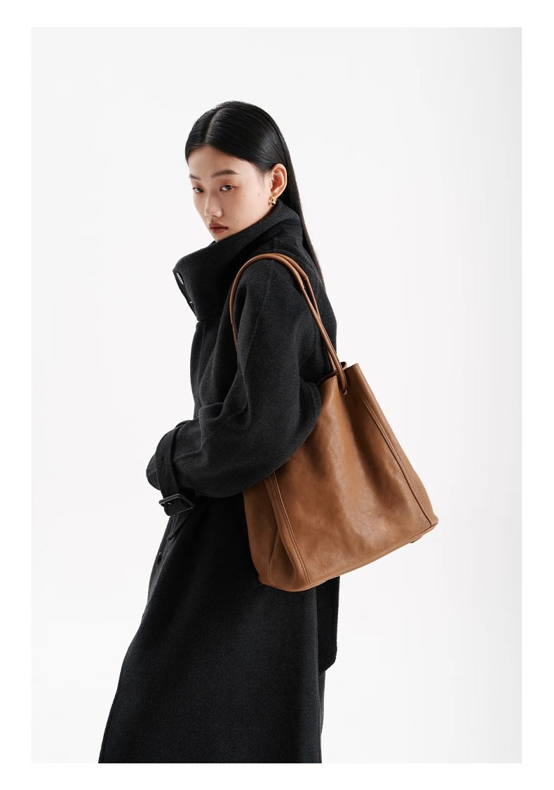Soft Leather Bucket Tote Bag for Women-Coffee-Free Shipping Leatheretro