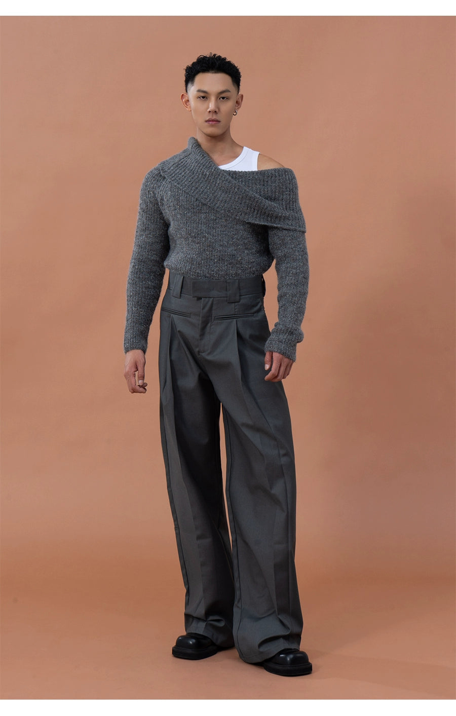 CLP Grey Off-Shoulder Wool Sweater | Relaxed Fit Ribbed Knit-Sweater-Gray-S-Free Shipping Leatheretro