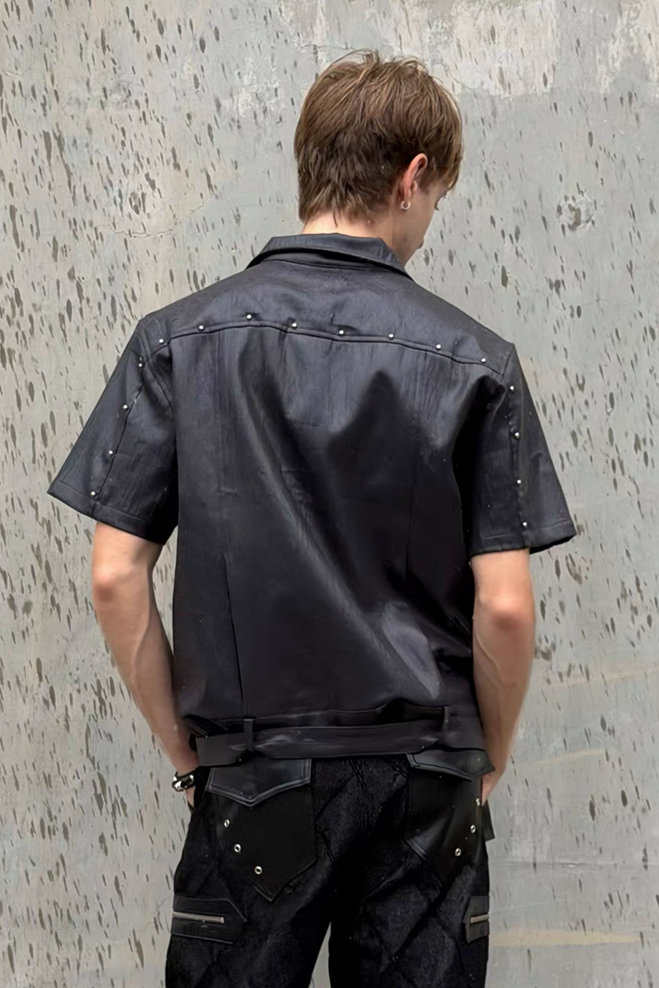 ESAIAS Studded Waxed Linen Belted Half Shirt-Half shirt-S-Free Shipping Leatheretro