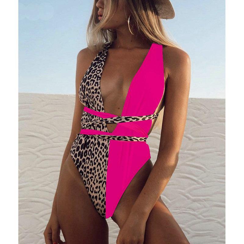 New Sexy V-neck Backless One Piece Swimwear-Sexy Dresses-Rose Red+Leopard-S-Free Shipping Leatheretro