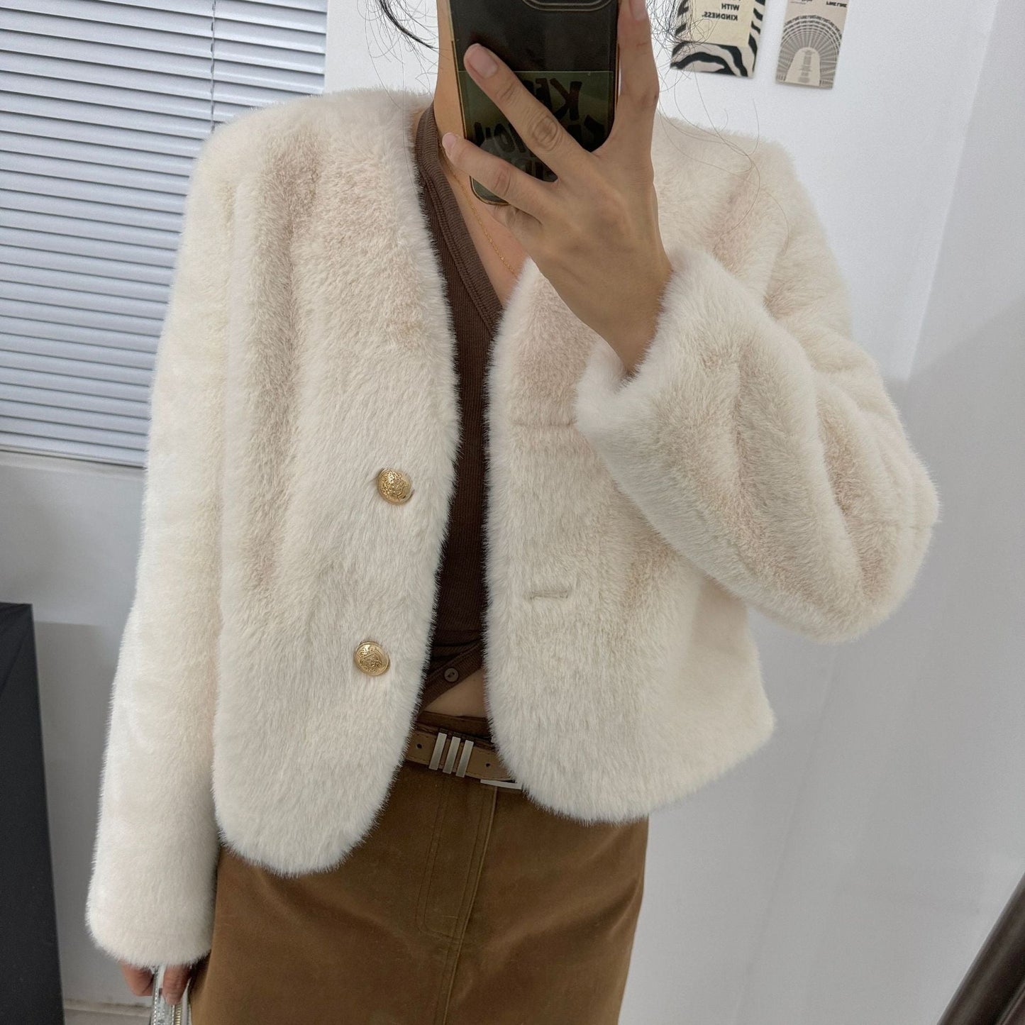 Fashion V Neck Faux Fur Short Coats-Coats & Jackets-Apricot-One Size-Free Shipping Leatheretro