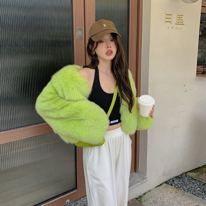 Designed Faux Fox Fur Warm Short Coats-Coats & Jackets-Green-S-Free Shipping Leatheretro