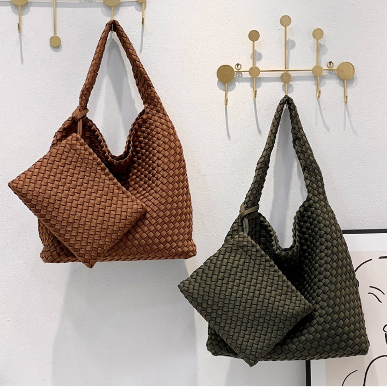 Handwoven Nylon Tote Bag for Women-Black + woven change purse-Free Shipping Leatheretro