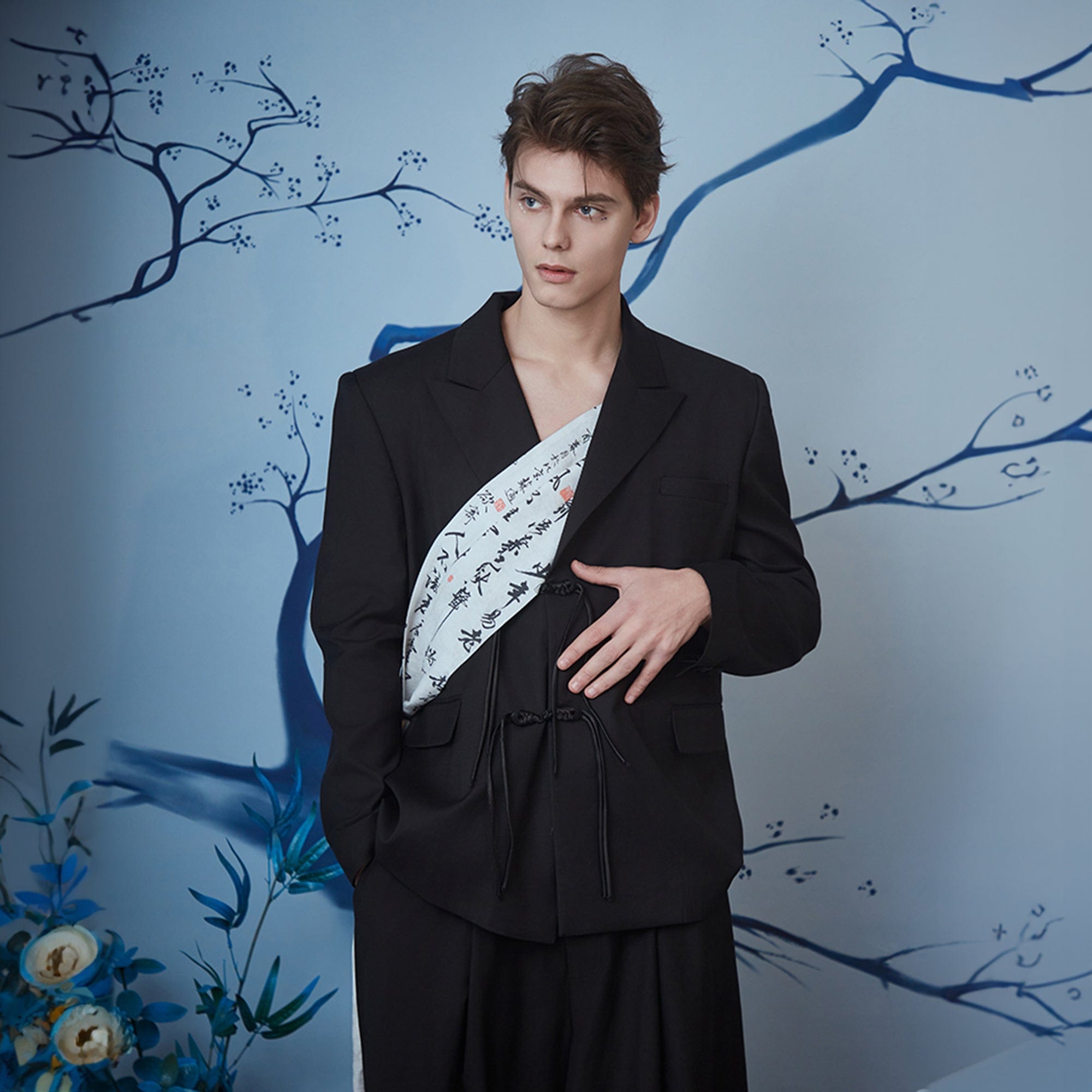 JIECHI Calligraphy Sash Mandarin-Button Blazer-Jacket-M-Free Shipping Leatheretro