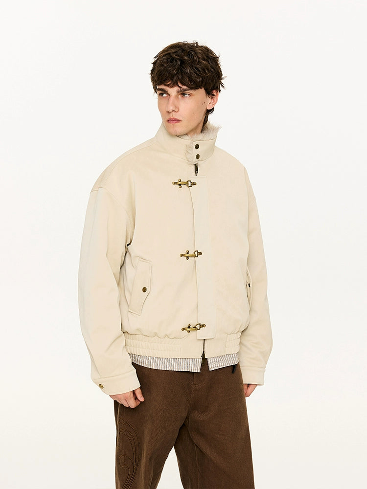 KREATE Harrington-Style PU Leather Jacket with Long Fur Collar-Ivory-S-Free Shipping Leatheretro