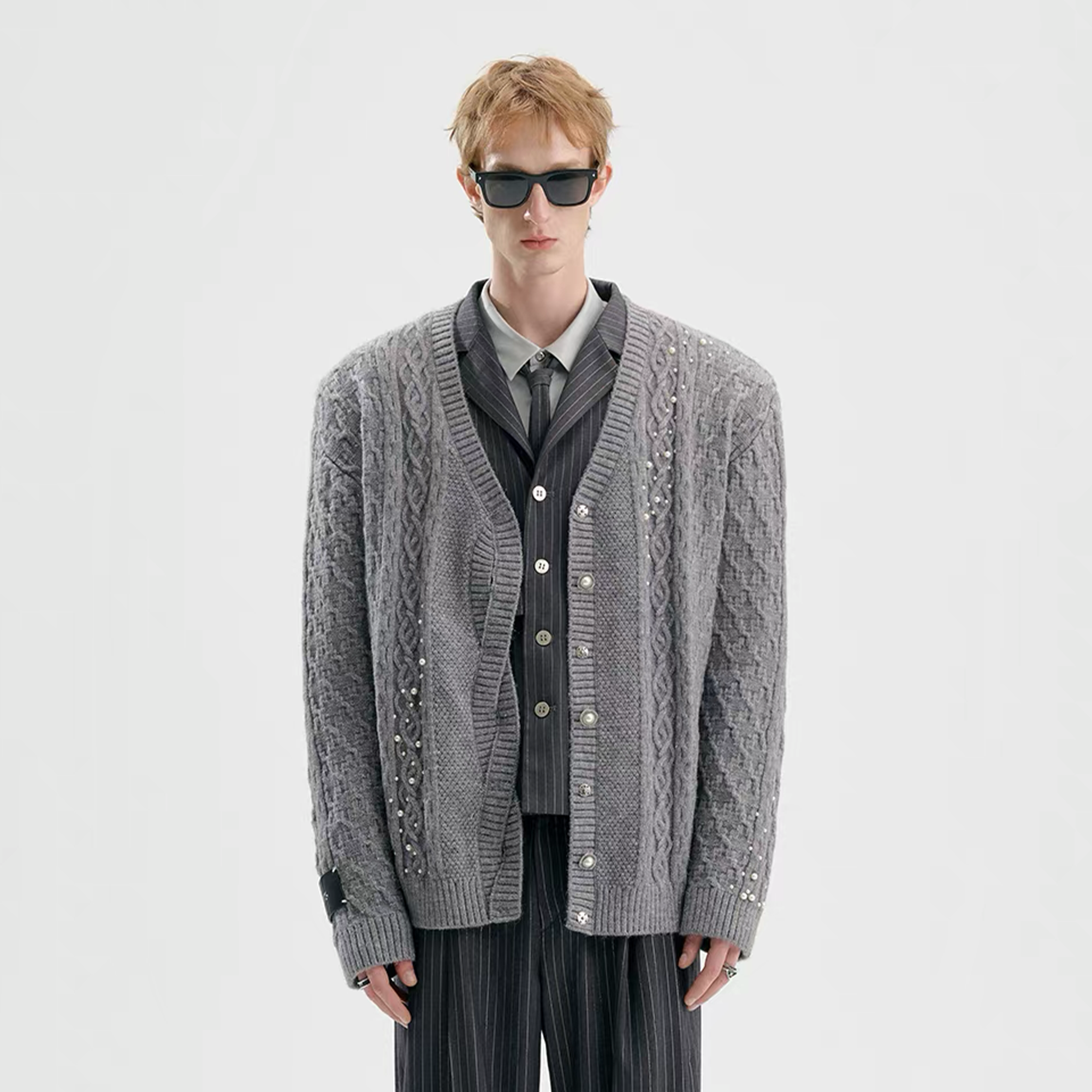 TIWILLTANG Pearl-Embellished Cable Knit Cardigan