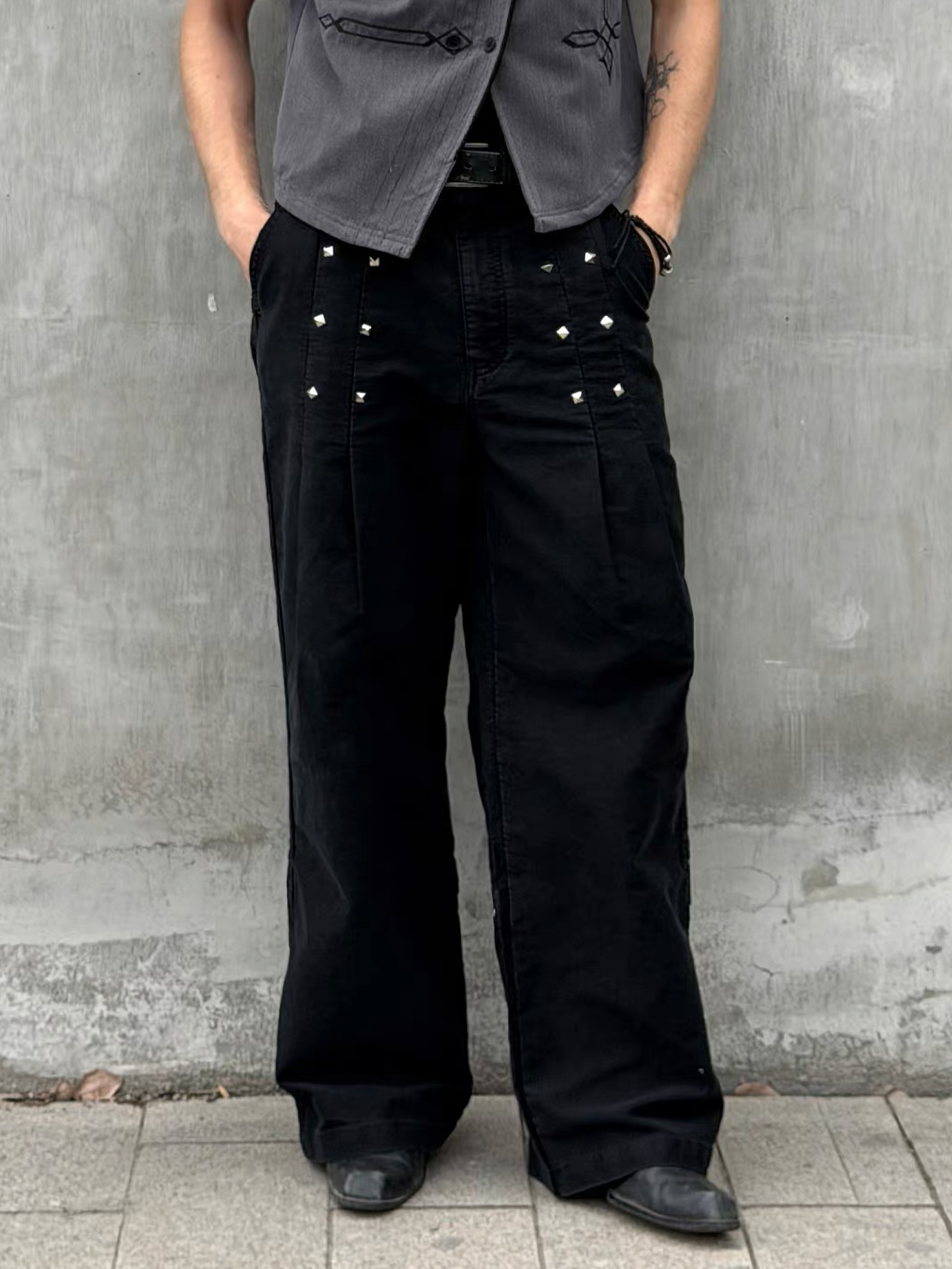 ESAIAS Studded Pleated Moleskin Trousers-Pants-S / 30" (Preorder)-Free Shipping Leatheretro