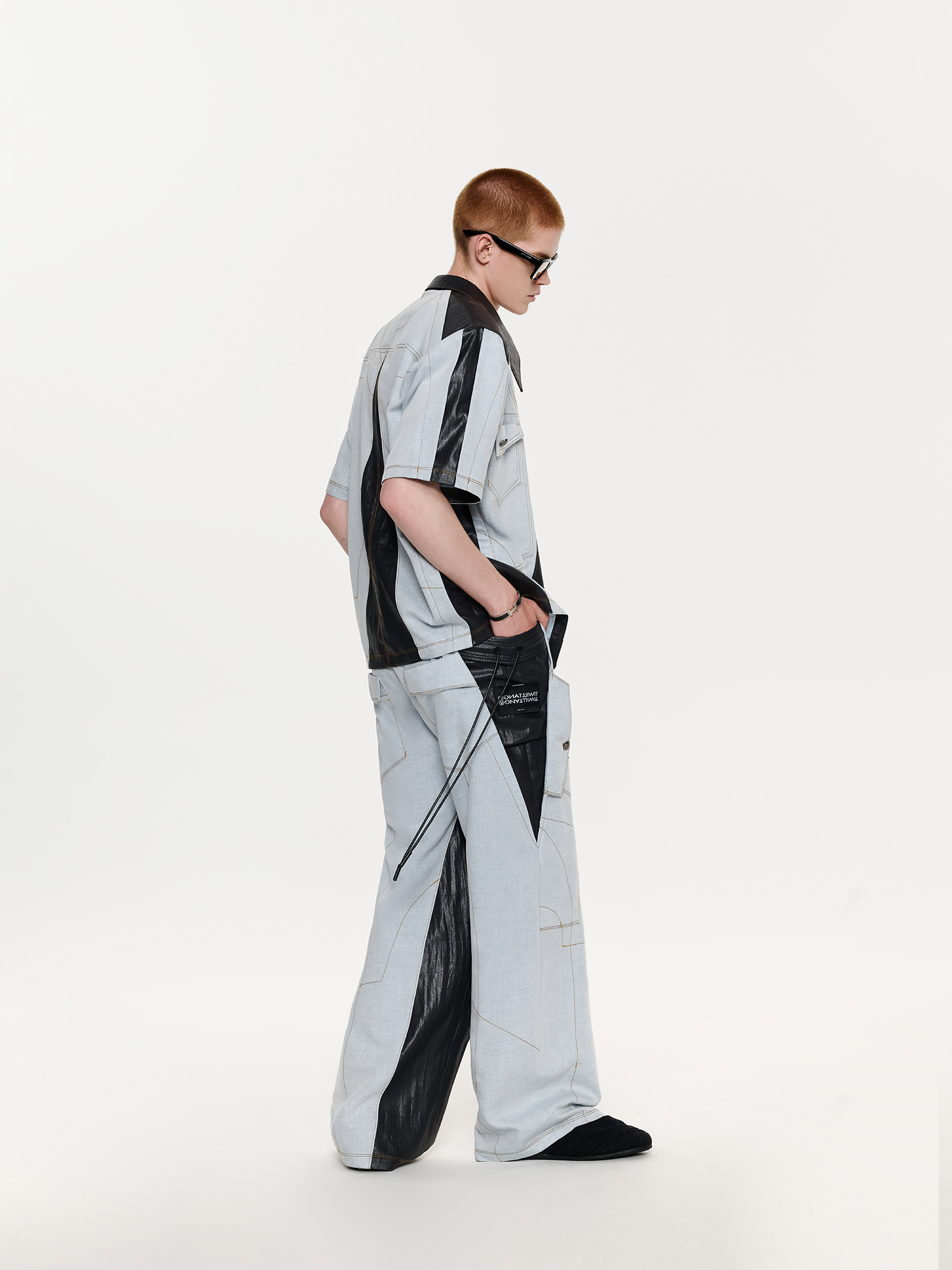 TIWILLTANG Contrast Stitch Paneled Wide-Leg Pants-Pants-S / 28-31”-Blue-Free Shipping Leatheretro
