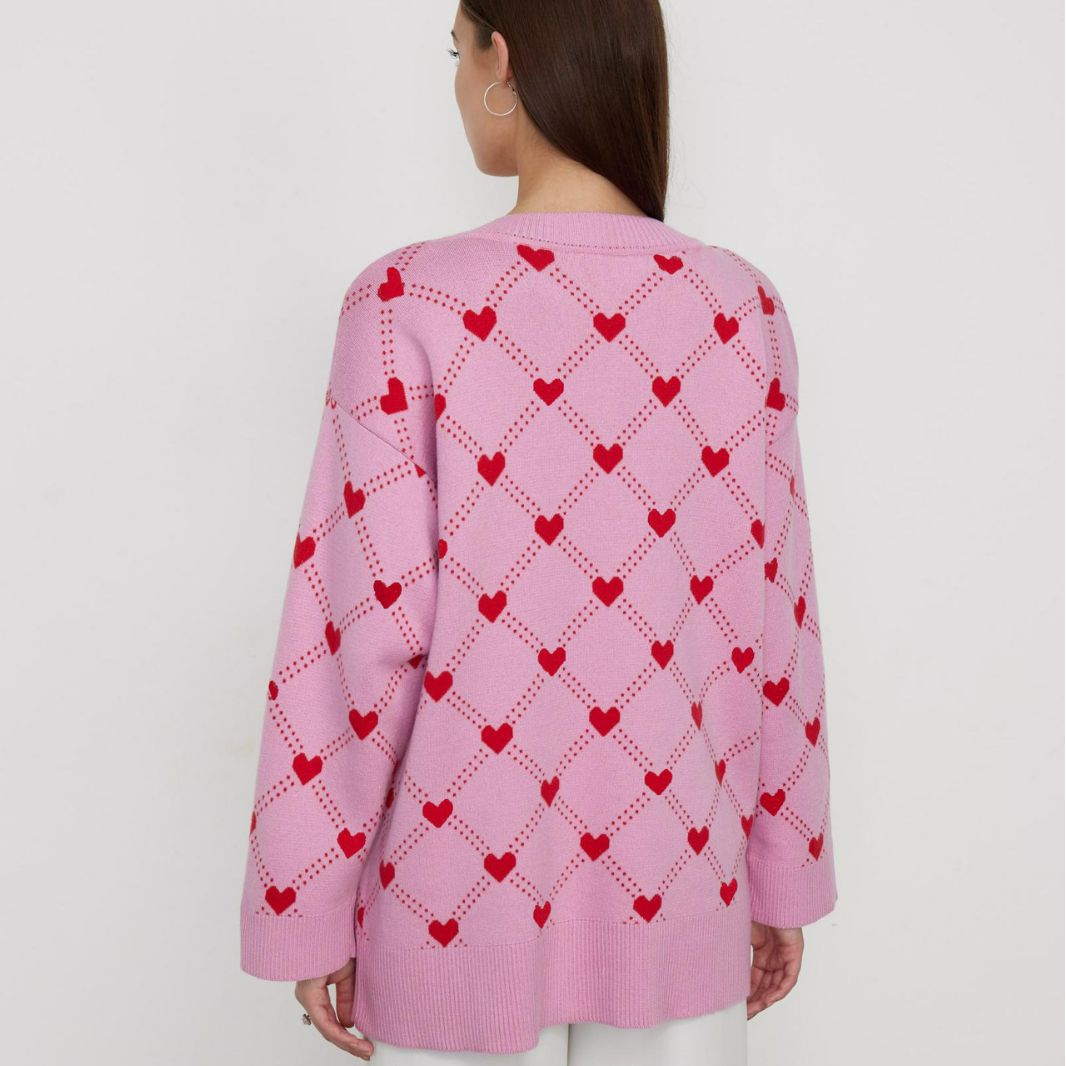 Lovely Pink Sweet Heart Fall Knitted Cardigan-Sweater&Hoodies-Rose Red-S-Free Shipping Leatheretro