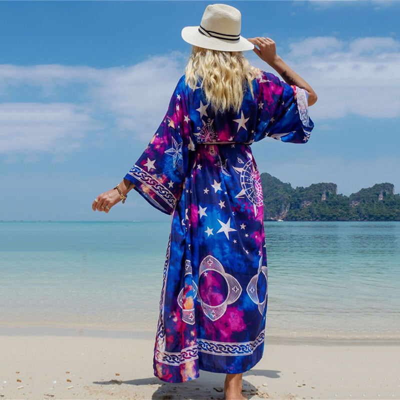 Fashion Floral Print Summer Kimono Beachwear Cover Ups-Blue Water Drop-One Size-Free Shipping Leatheretro