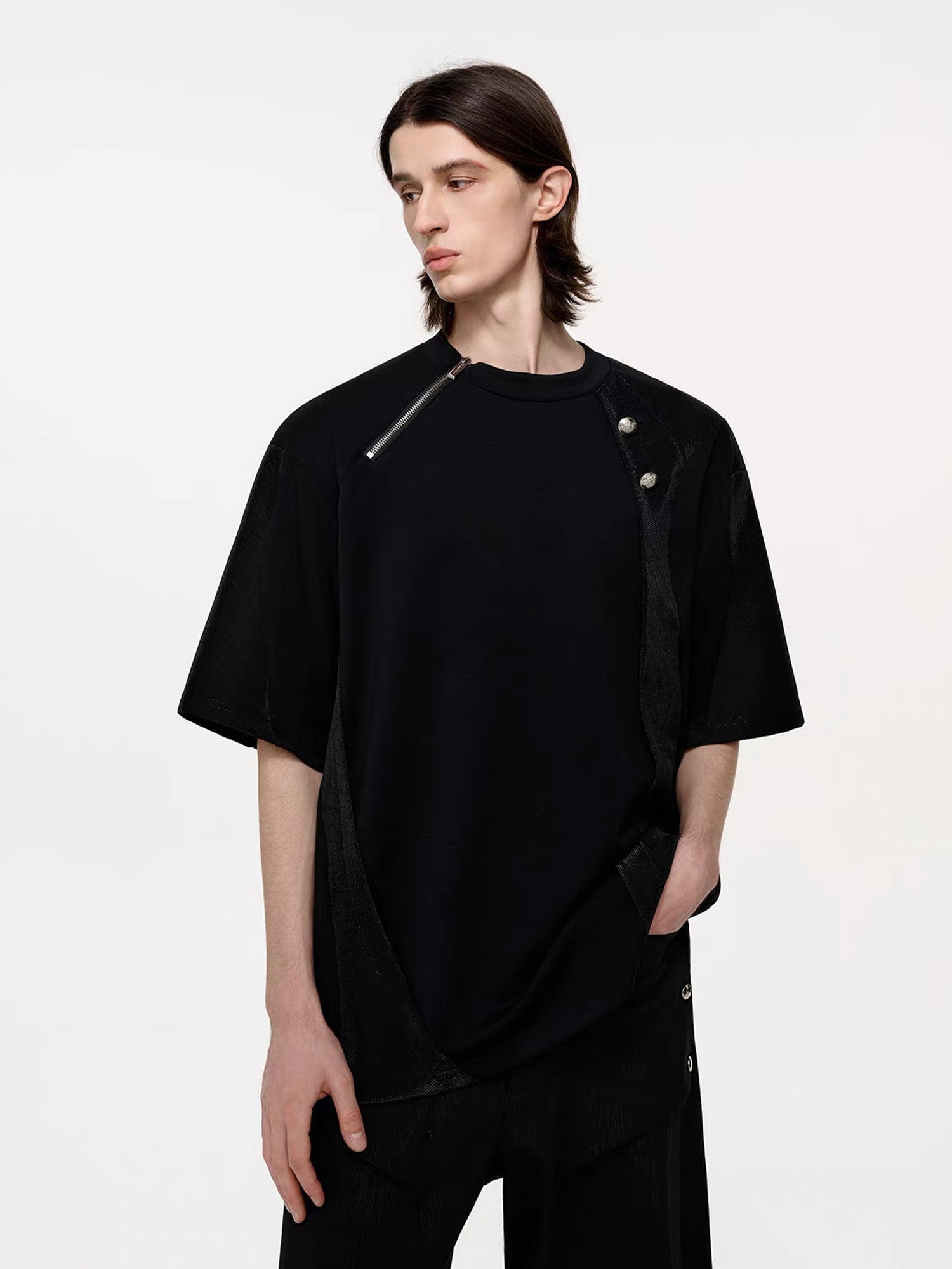 TIWILLTANG Asymmetrical Zip Layered T Shirt-T Shirt-S (Preorder)-Free Shipping Leatheretro