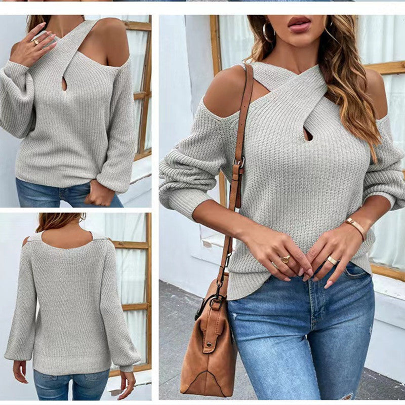 Casual Crossed Halter Knitted Sweaters-Sweater&Hoodies-Khaki-One Size-Free Shipping Leatheretro