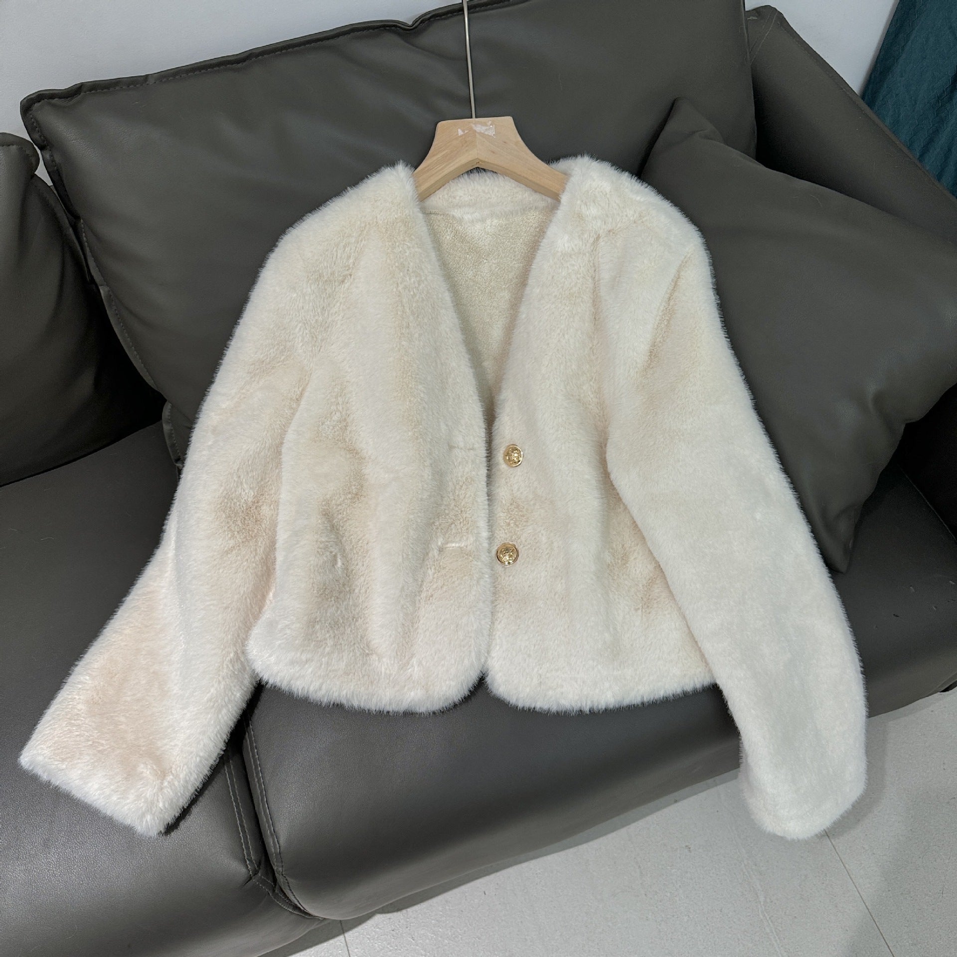 Fashion V Neck Faux Fur Short Coats-Coats & Jackets-White-One Size-Free Shipping Leatheretro