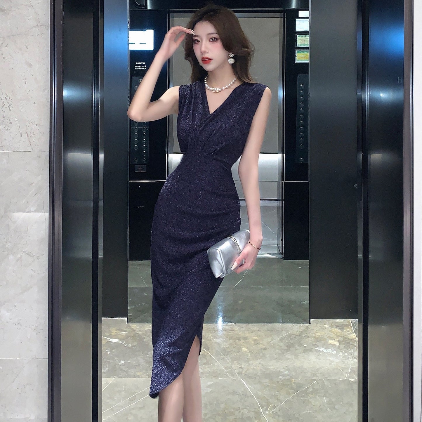 Sexy V Neck Sheath Evening Party Dresses-Dresses-Blue-S-Free Shipping Leatheretro