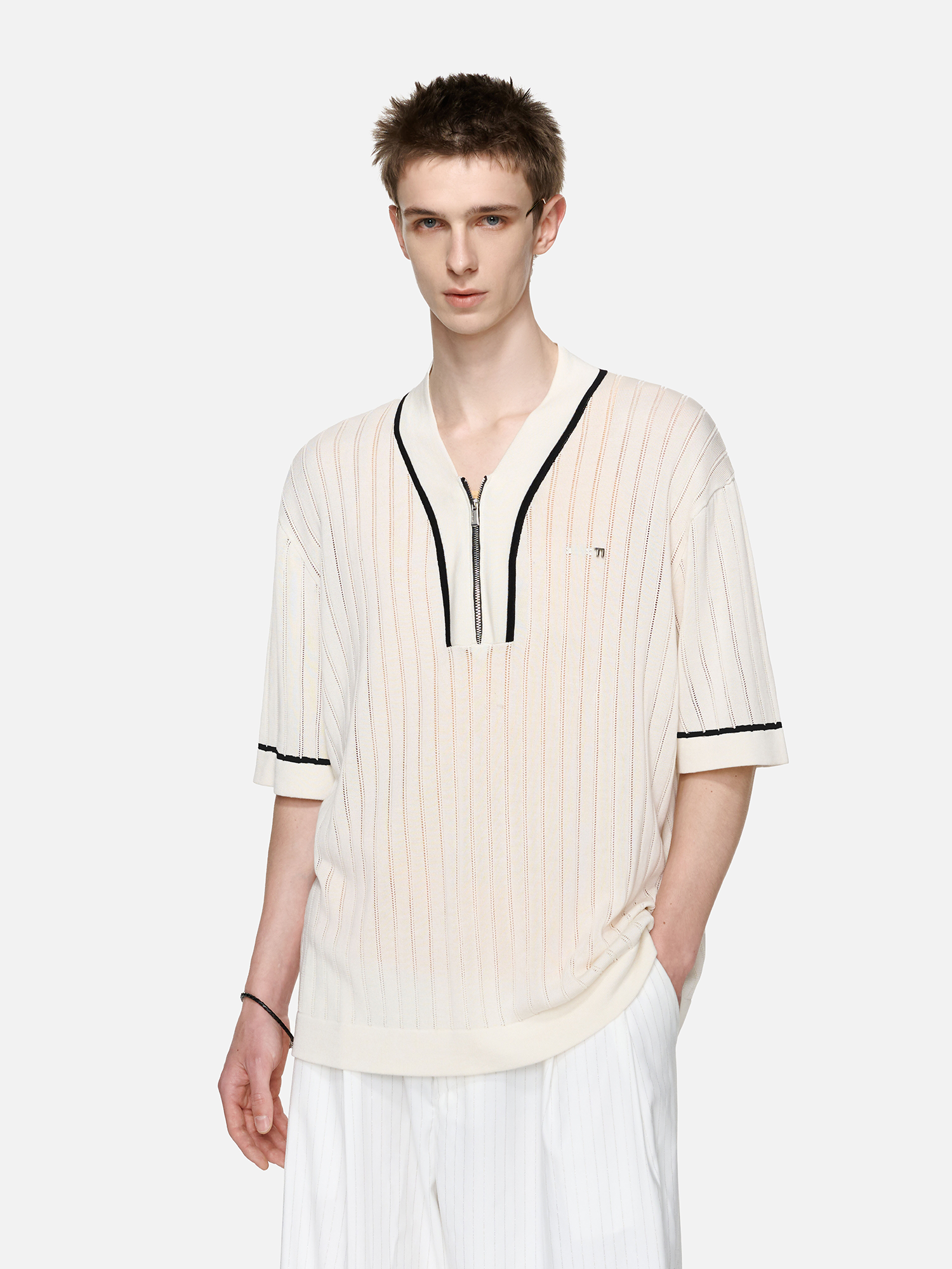 TIWILLTANG Openwork Contrast Trim Zip-Neck Knitted T Shirt-T Shirt-S-Free Shipping Leatheretro