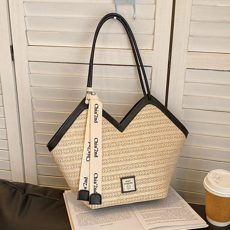 Large Capacity Tote Bag – Vintage Straw Woven Handbag-White with brown.-Free Shipping Leatheretro