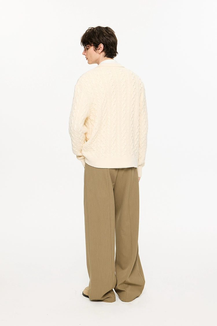 KREATE Textured Cable-Knit Polo Sweater-Ivory-S-Free Shipping Leatheretro