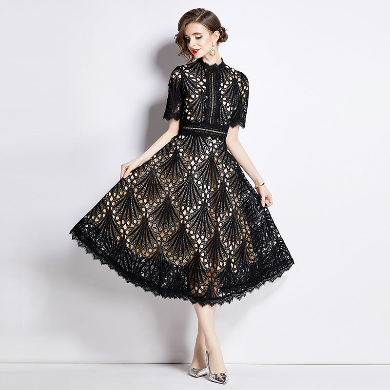 Elegant Round Neck Summer Midi Length Lace Dresses-Dresses-Black-2XL-Free Shipping Leatheretro