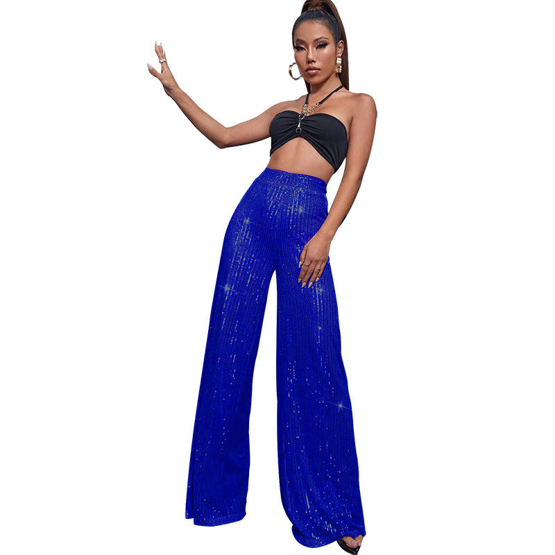 Fashion High Waist Sequin Summer Wide Legs Pants-Pants-Blue-S-Free Shipping Leatheretro