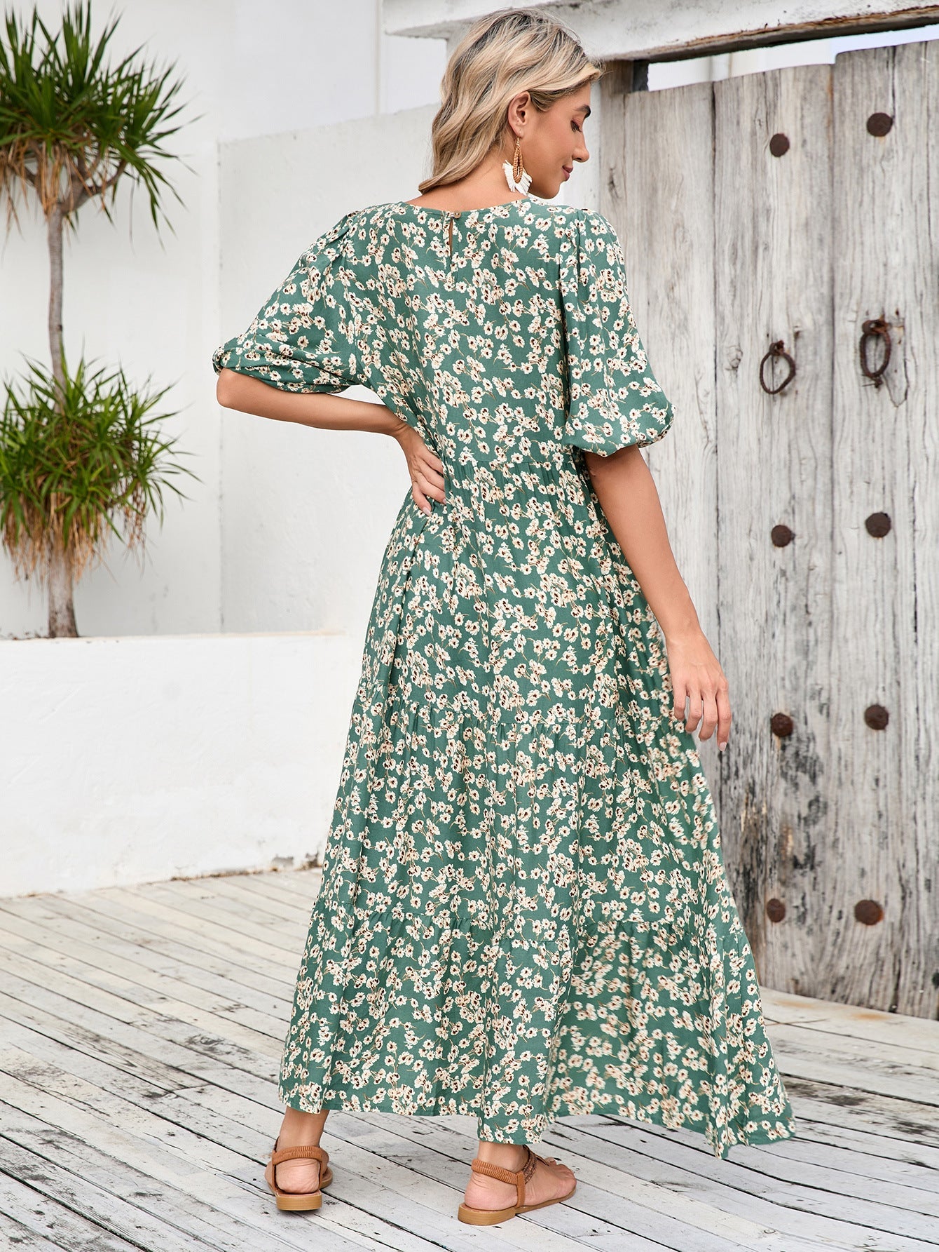 Vintage Half Sleeves Midi Length Plus Sizes Vacation Dresses-dresses-Dark Green-S-Free Shipping Leatheretro