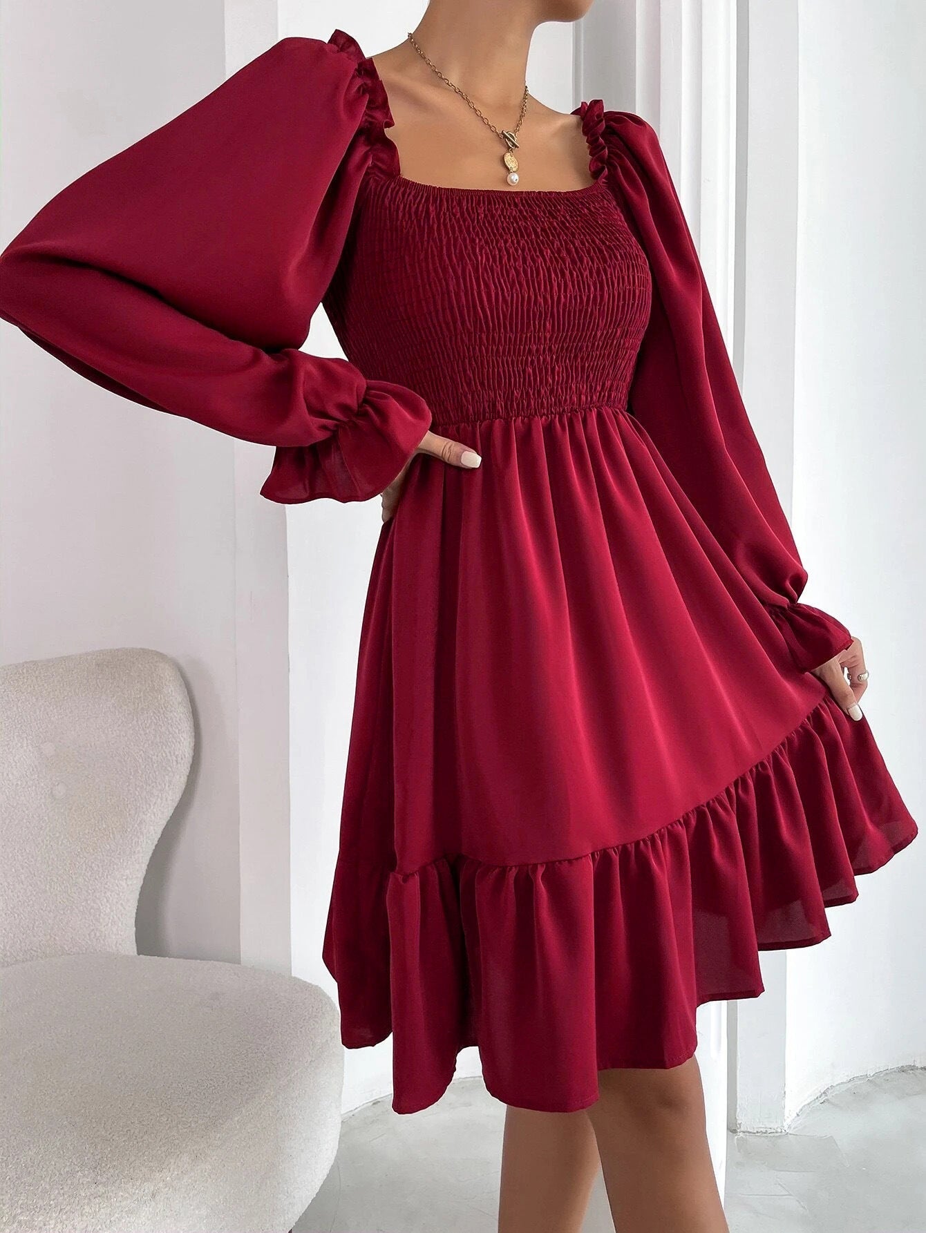 Elegant Square Neckline Long Sleeves Short Dresses-Dresses-Wine Red-S-Free Shipping Leatheretro