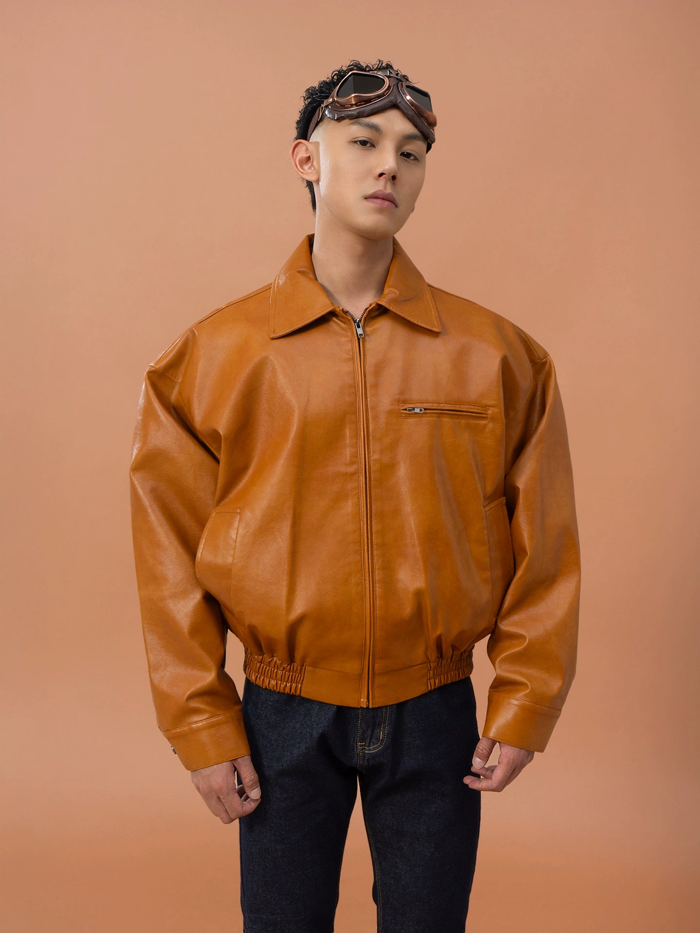 CLP Men Brown Faux Leather Stand Collar Jacket-Brown-M-Free Shipping Leatheretro