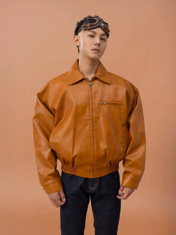 CLP Men Brown Faux Leather Stand Collar Jacket-Brown-M-Free Shipping Leatheretro