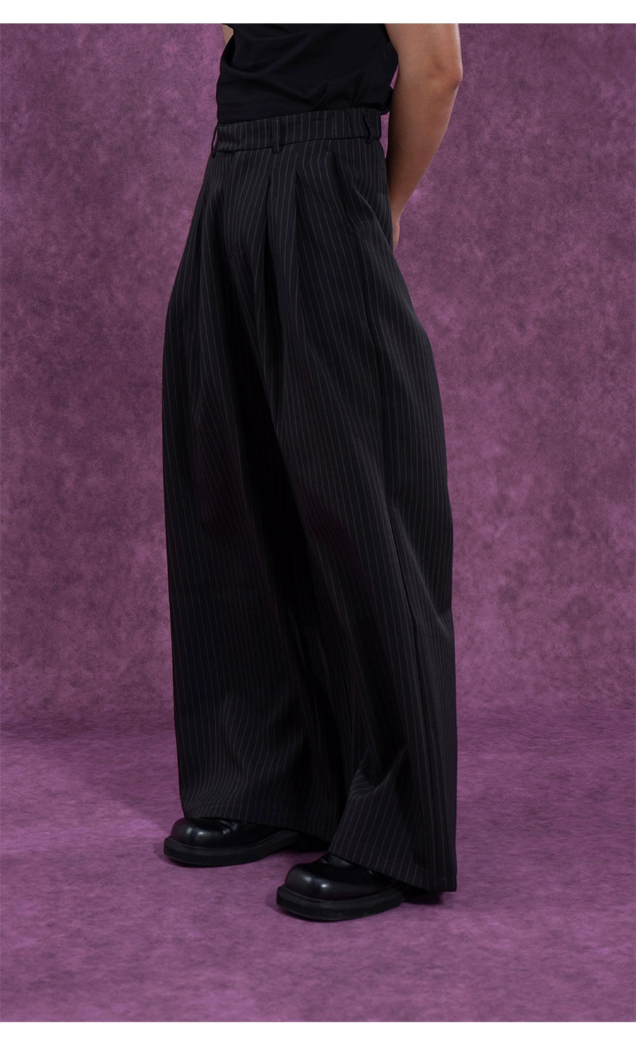 CLP Black Striped Relaxed-Fit Pants with Elastic Waist-Black-S-Free Shipping Leatheretro