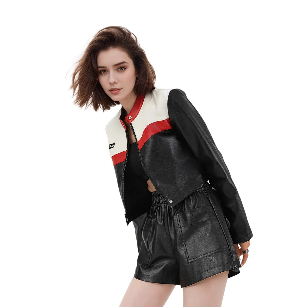 Women's Cropped Biker Jacket – Color-Block Leather Pilot Jacket-As Photo-S-Free Shipping Leatheretro