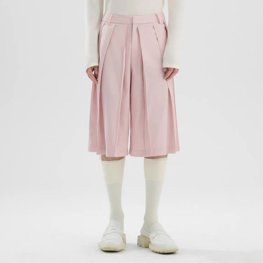 TIWILLTANG Pleated Pinstripe Skirt Shorts Pink/White-Shorts-S-White-Free Shipping Leatheretro