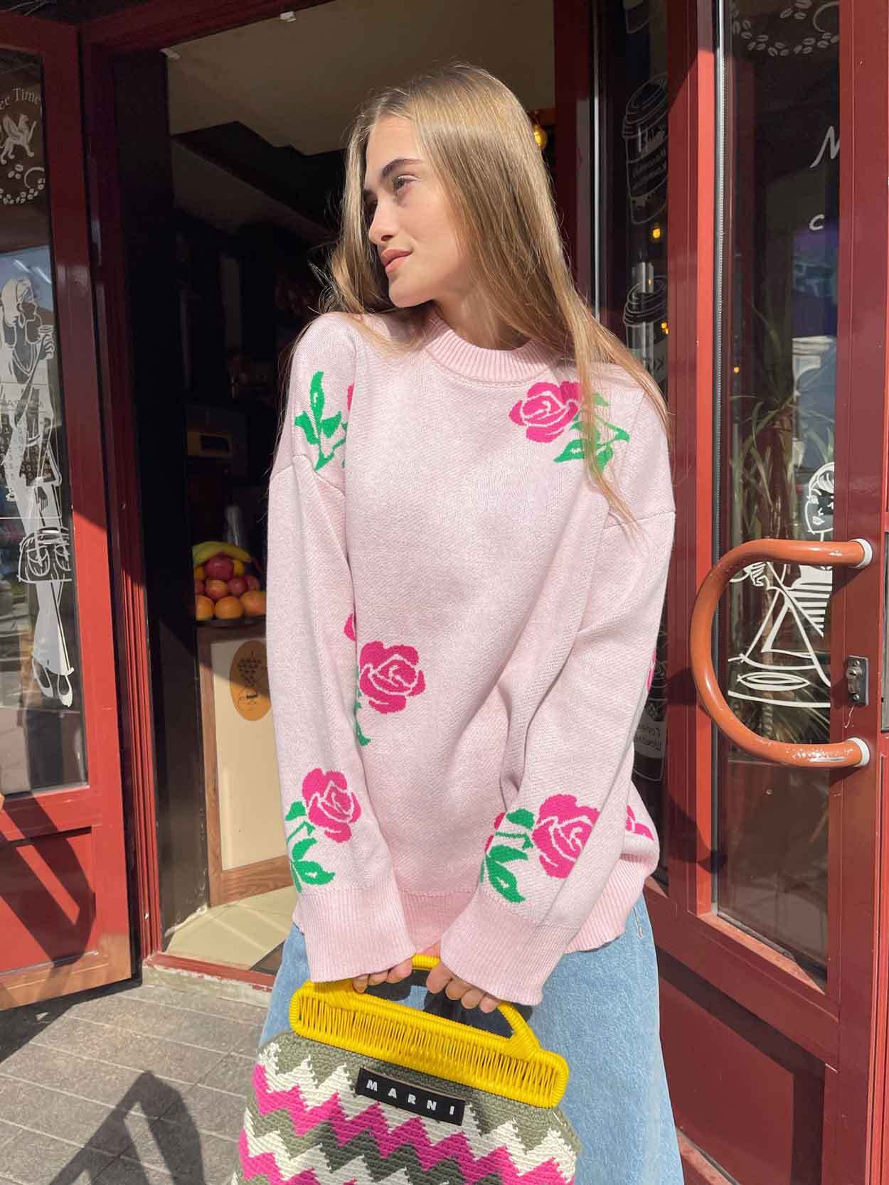 Fashion Rose Flowers Winter Knitted Women Sweaters-Sweater&Hoodies-Pink-S-Free Shipping Leatheretro