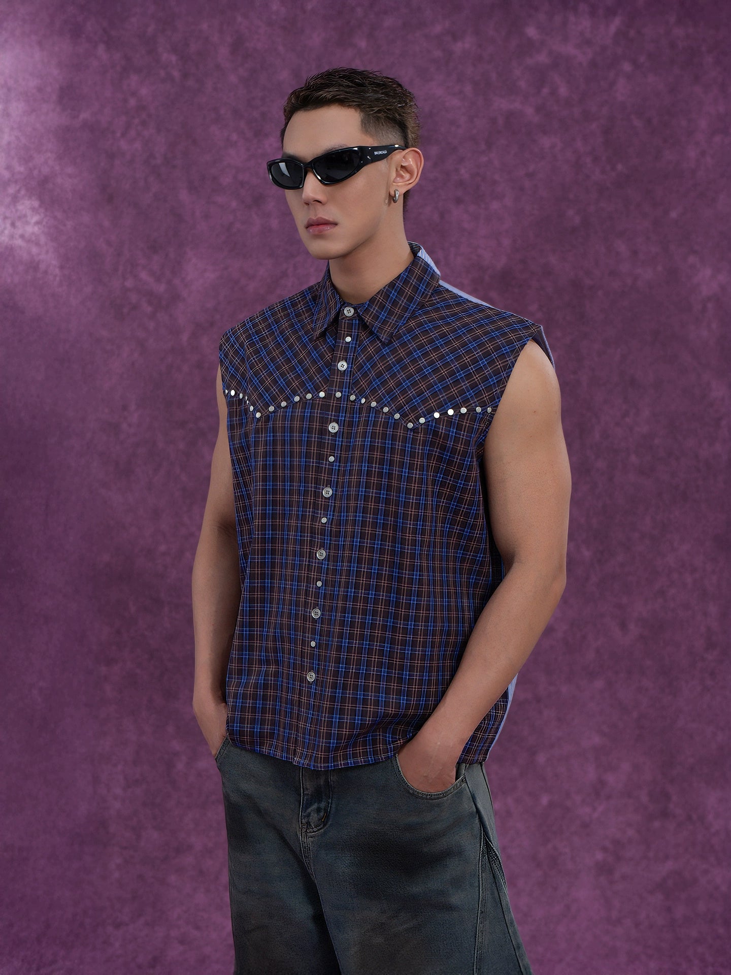 CLP Men's Blue Checkered & Striped Sleeveless Shirt Vest with Rivet Details-Blue-S-Free Shipping Leatheretro