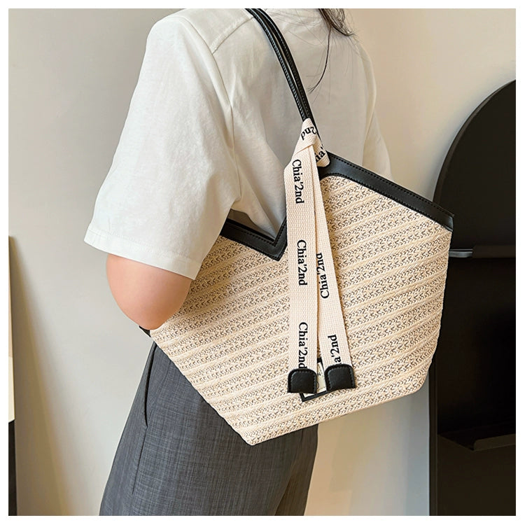 Large Capacity Tote Bag – Vintage Straw Woven Handbag-White with brown.-Free Shipping Leatheretro