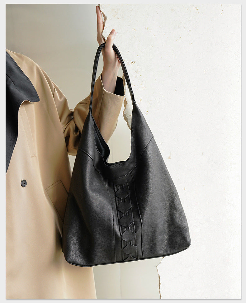 Luxury Genuine Vegetable-Tanned Leather Tote Bag-Black-Free Shipping Leatheretro