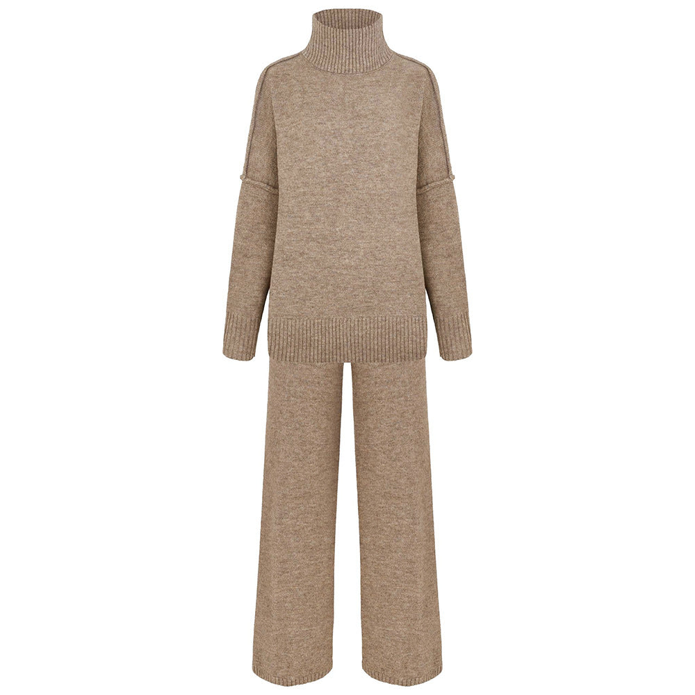 Casual High Neck Pullover Sweaters & Knitted Pants-Suits-Camel-S-Free Shipping Leatheretro