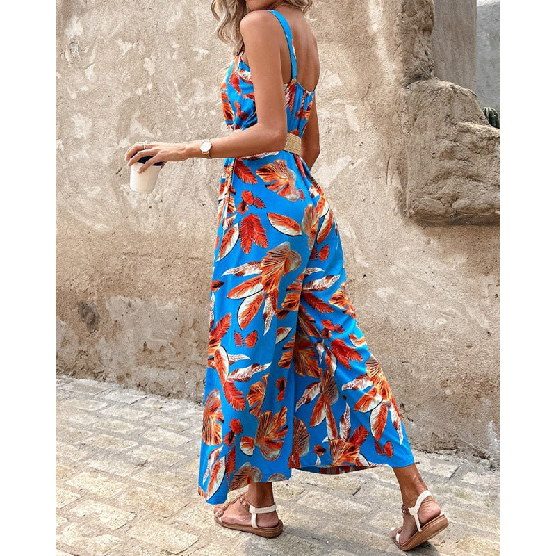 Fashion Floral Print Summer Jumpsuits with Belt-suits-Blue-S-Free Shipping Leatheretro