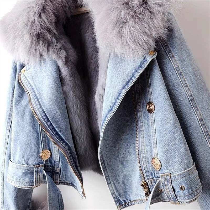 Winter Detachable Fox Fur Denim Jacket Coats for Women-Coats & Jackets-Blue-S-Free Shipping Leatheretro