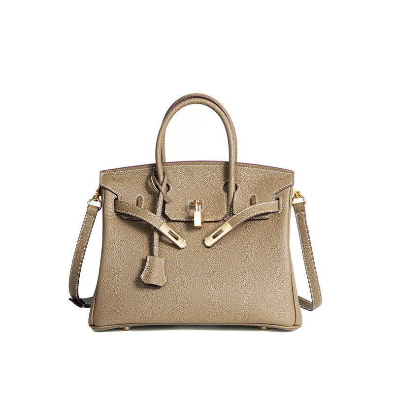 Luxury Genuine Top Grain Pebbled Leather Women's Handbag with Lock Closure-Handbags-elephant gray-35CM-Free Shipping Leatheretro