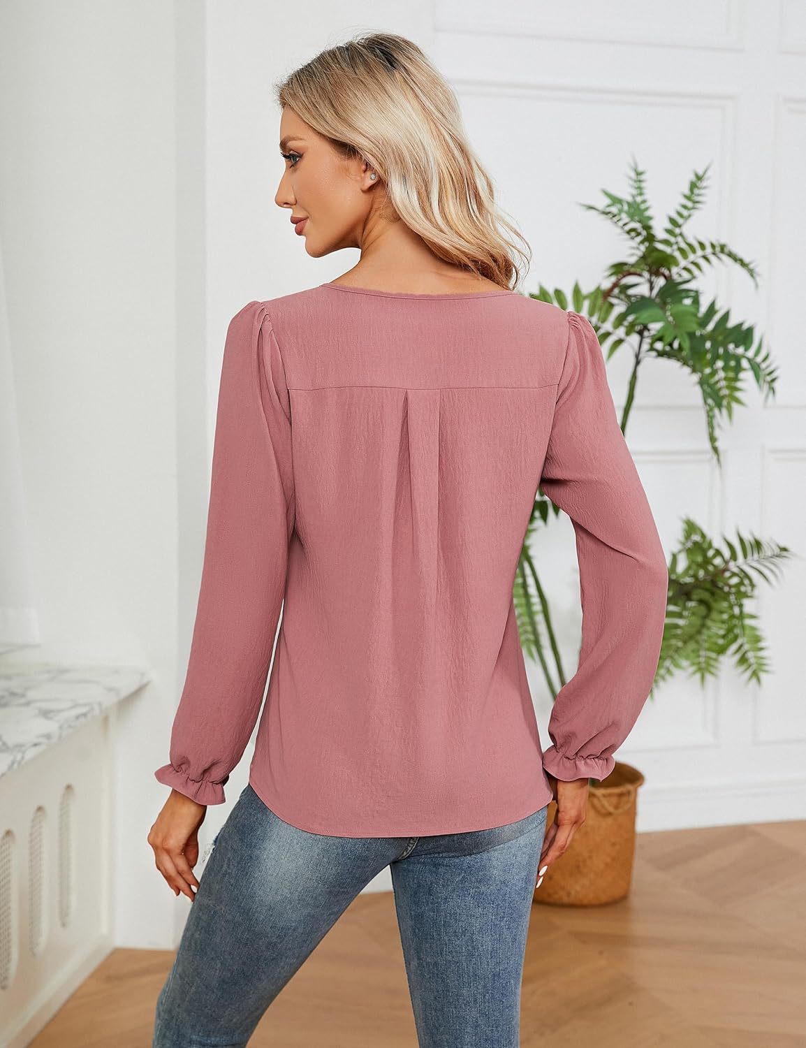 Casual Chiffon Summer V Neck Long Sleeves Blouses-Shirts & Tops-Pink-S-Free Shipping Leatheretro