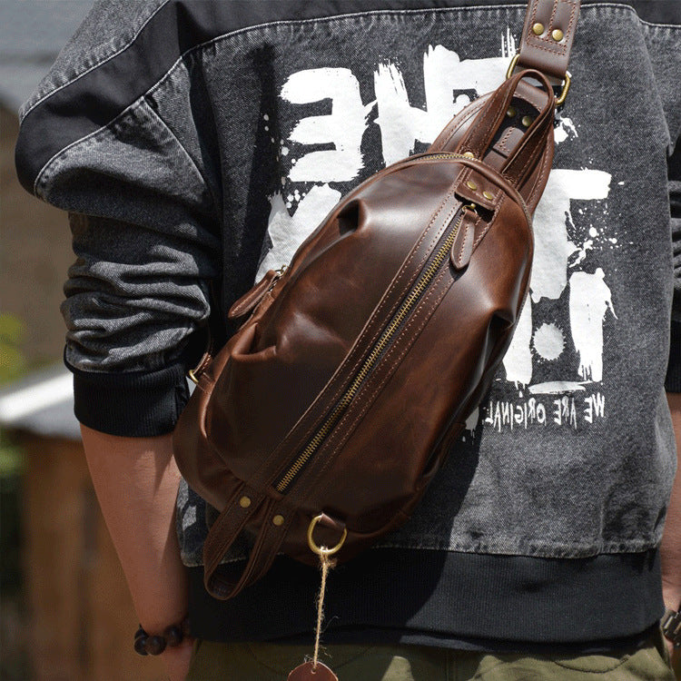 Vintage Crazy Horse Leather Men's Chest Bag-Handbags-Black-12 inches-Free Shipping Leatheretro