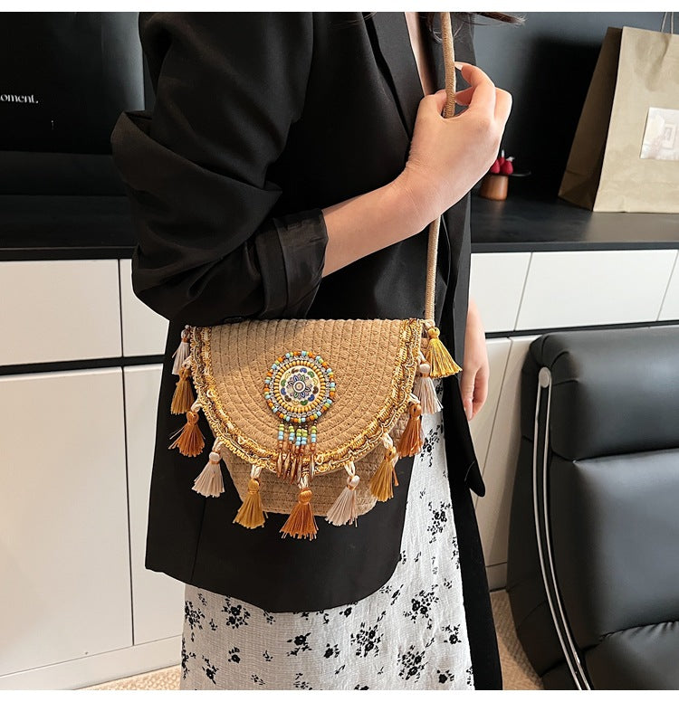 Bohemian Straw Woven Handbag-khaki-Free Shipping Leatheretro