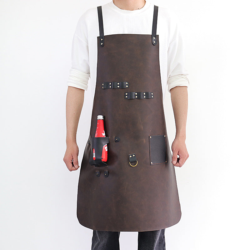 PU Leather BBQ Apron – Outdoor Cooking, Grilling & Picnic Apron with Bottle Holder – Oil-Resistant Work Apron-Leather Canvas Aprons-PU Brown-Free Shipping Leatheretro