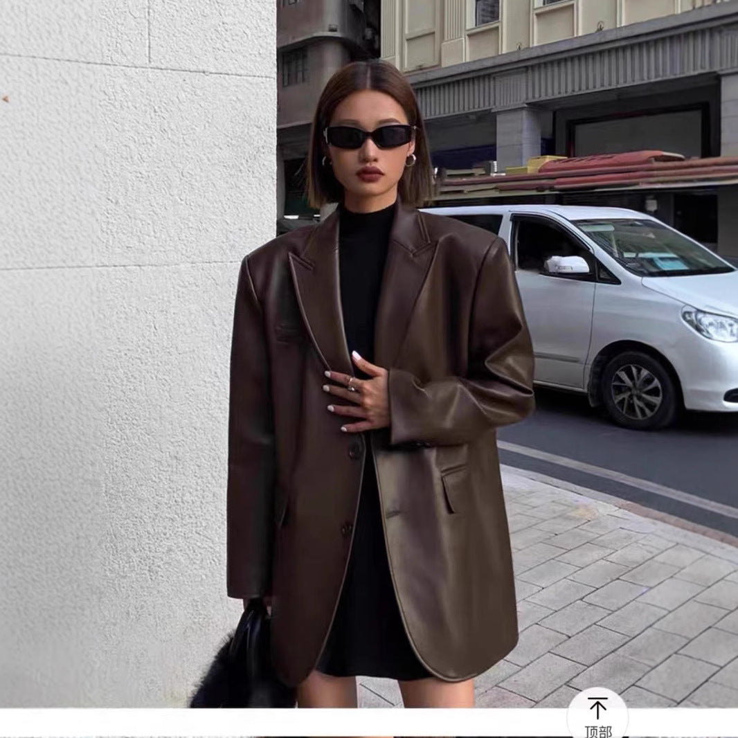 Women's Faux Leather Blazer – Oversized Casual Jacket-black-S-Free Shipping Leatheretro