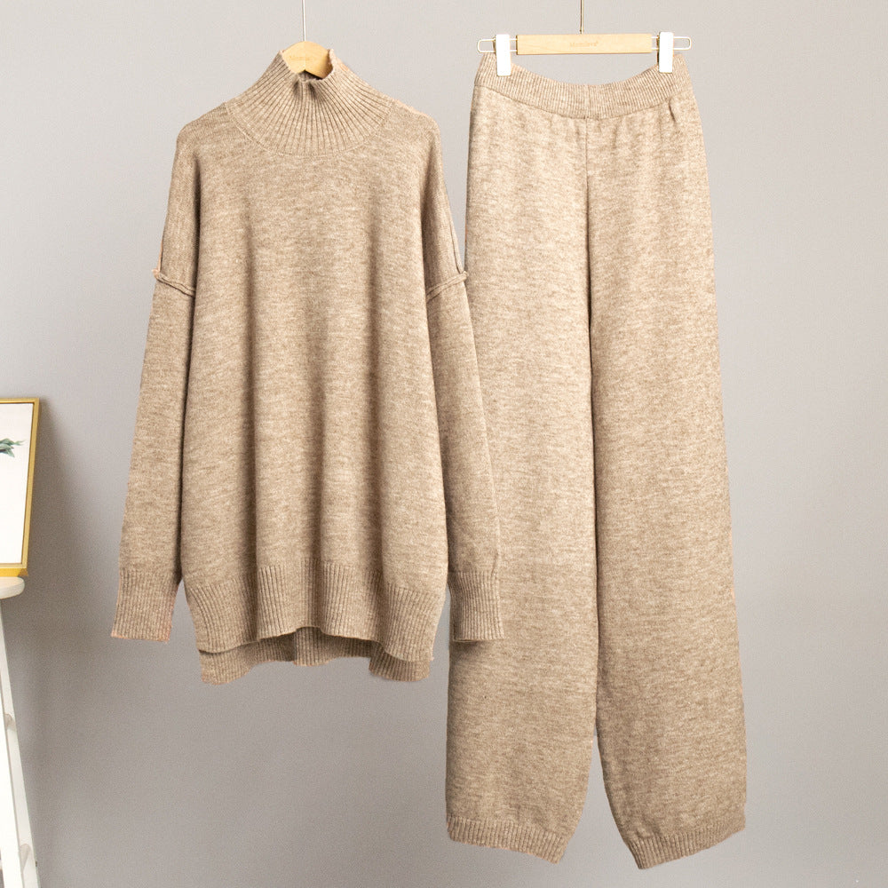 Casual High Neck Pullover Sweaters & Knitted Pants-Suits-Camel-S-Free Shipping Leatheretro