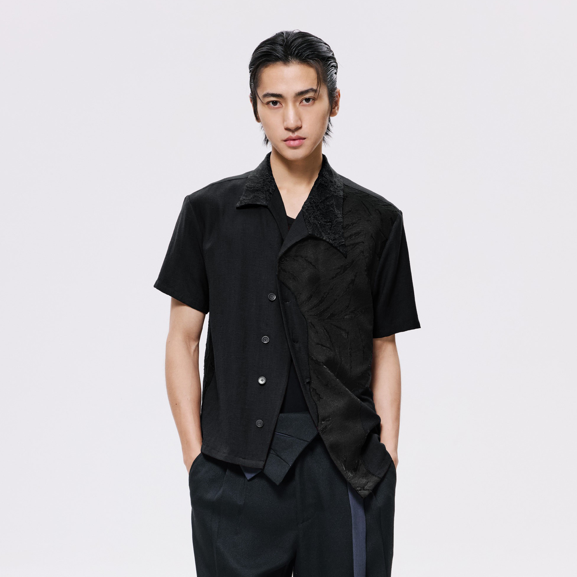 ALVNG AR ANTS Burnout Linen-Blend Asymmetrical Spliced Half Shirt-Half shirt-S-Black-Free Shipping Leatheretro